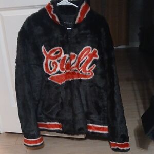 Cult of Individuality Black Jacket with Red and White Patterns And FAUX FUR